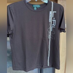 Lauren Ralph Lauren Chocolate Tee with White Stripe Athletic Theme Medium EUC